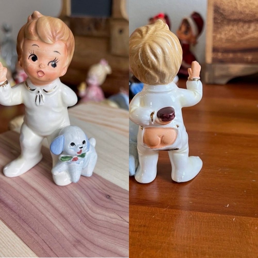 Josef Original 1950s Vintage Christmas Boy & His Dog Vintage Figurines